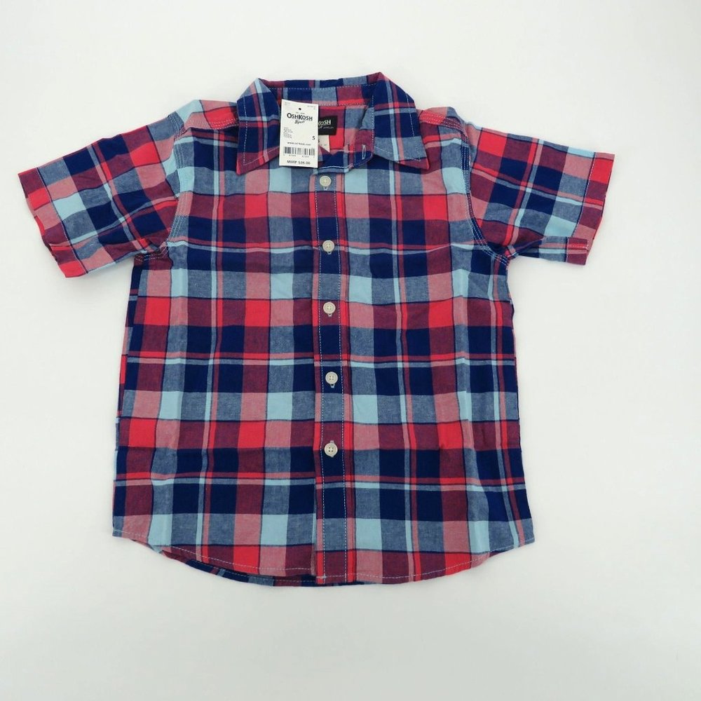 OshKosh Boys Red Blue Button Up Woven Shirt Size 5 NWT $26